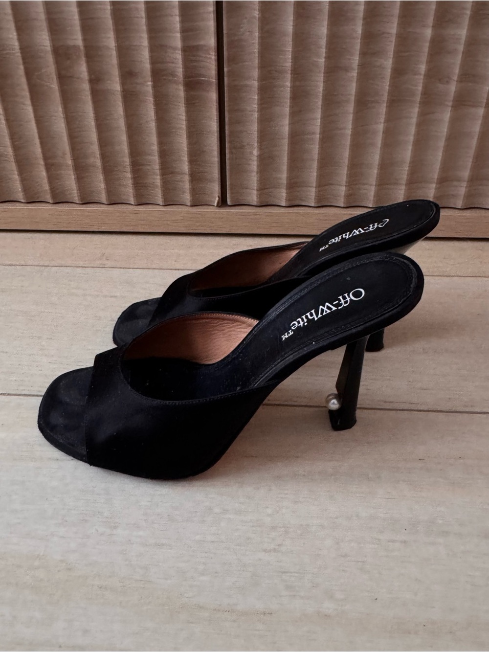 Off-White Black Satin Pearl-Embellished Heeled Mules
